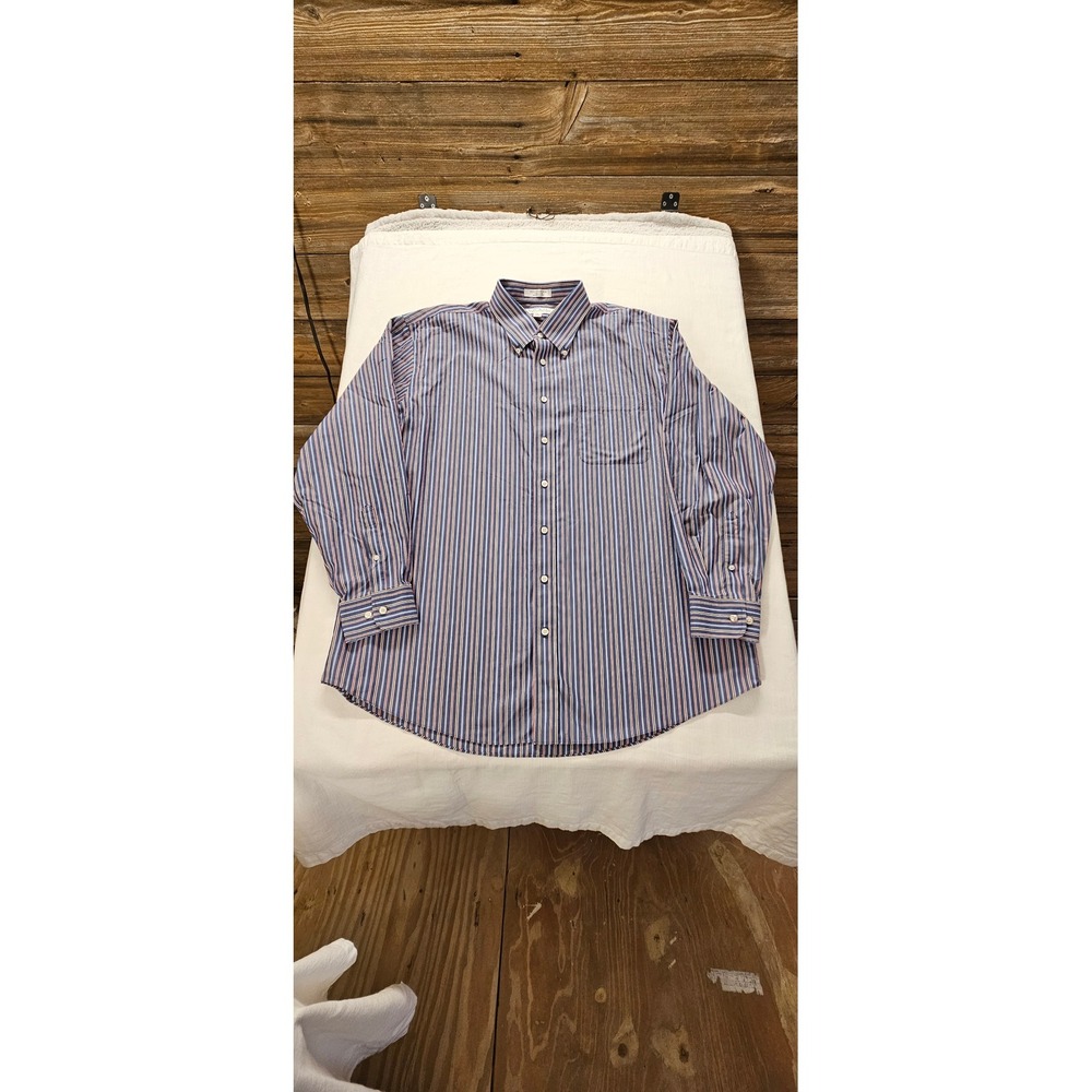 Enro Mens Striped Button Down Shirt 18 34-35 Blue Red Non-Iron 100% Cotton
